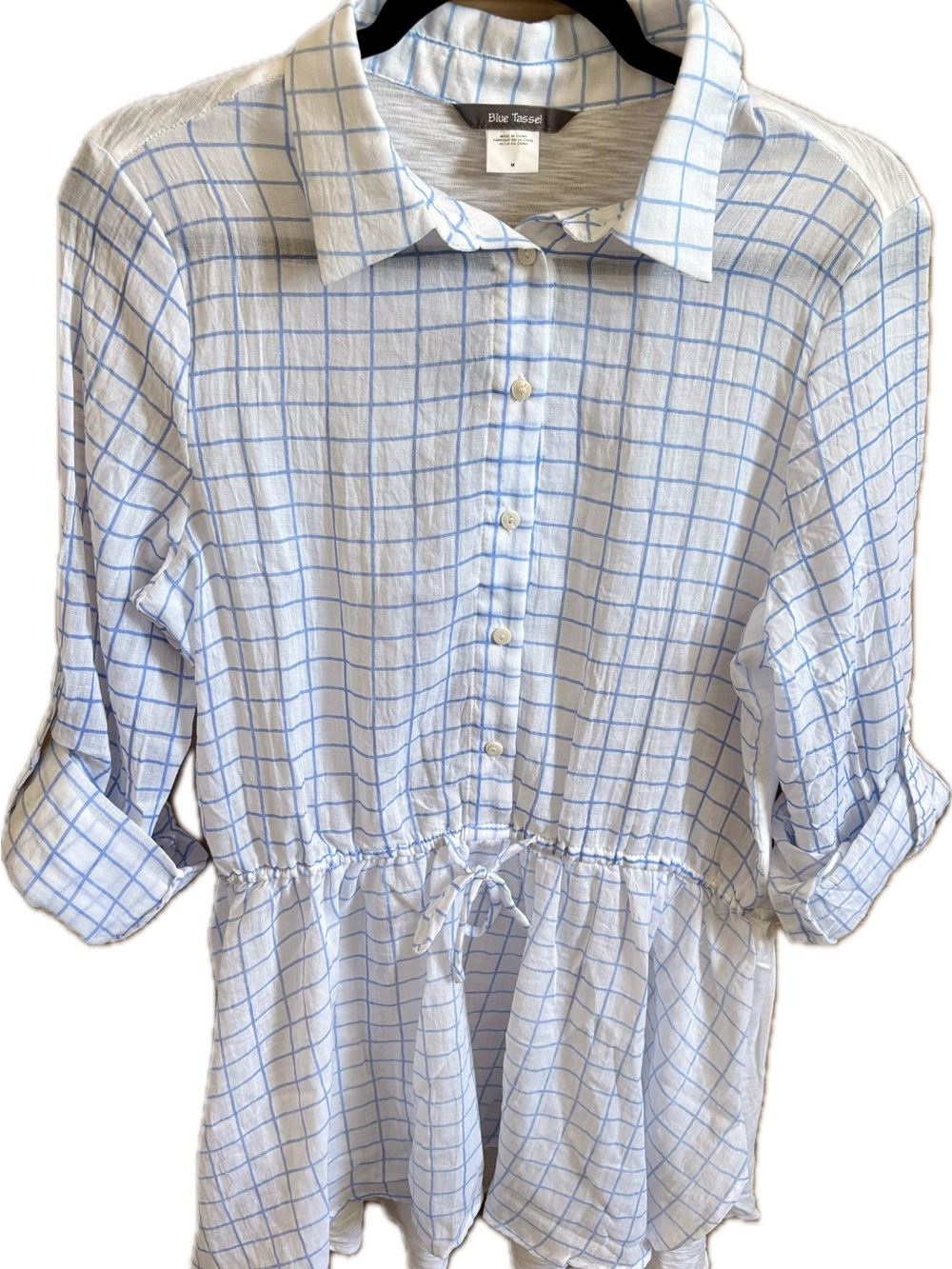 Blue Tassel Light Blue Windowpane Drawstring Tunic